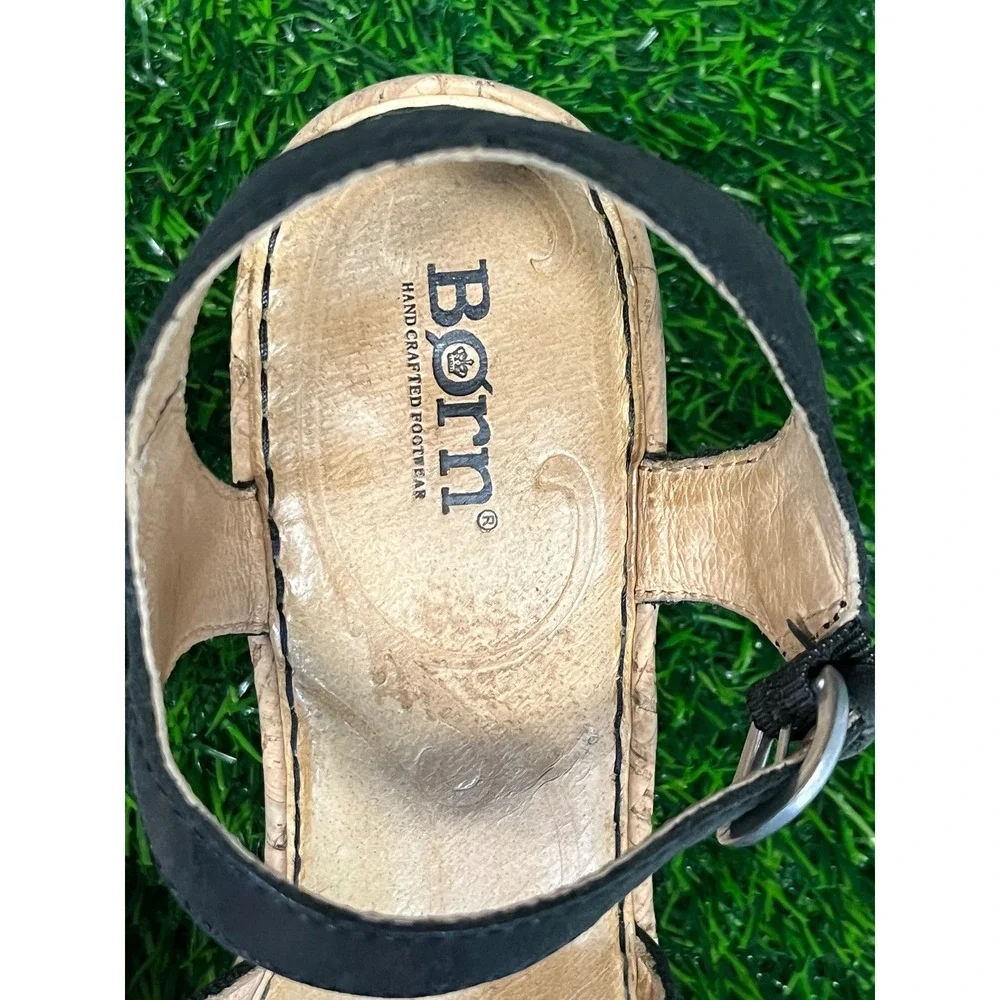 Born Womens Black Leather Cork Wedge Sandals Ankle Strap Platform Shoes Size 9